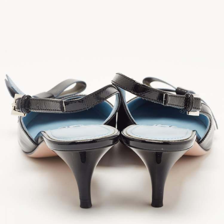 Pre Owned Prada Black Patent Leather Bow Slingback Pumps Size 36.5