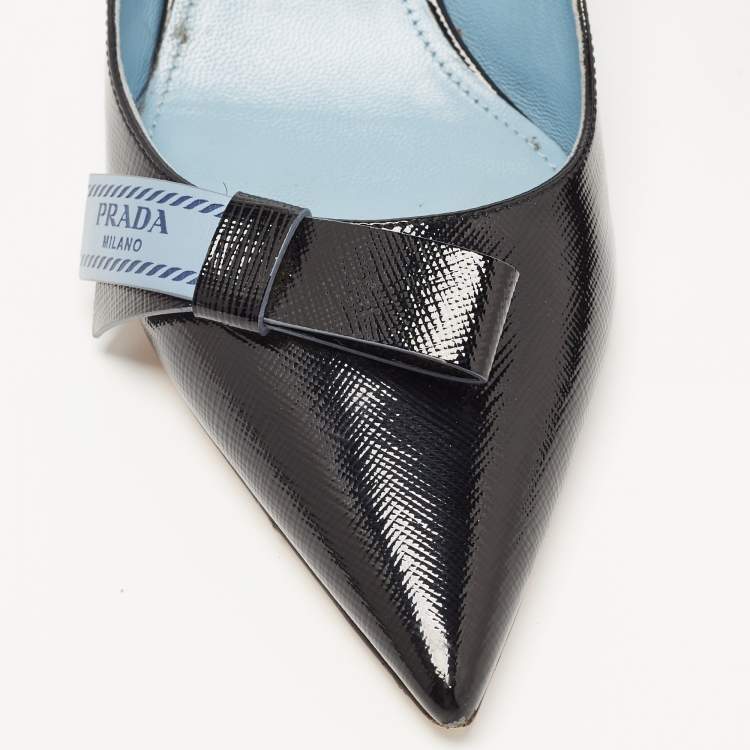 Pre Owned Prada Black Patent Leather Bow Slingback Pumps Size 36.5