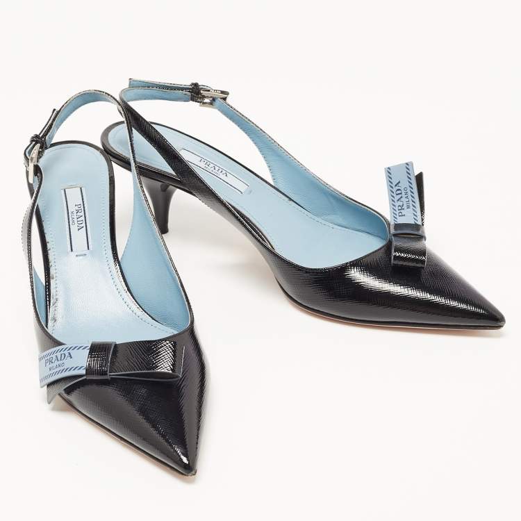 Pre Owned Prada Black Patent Leather Bow Slingback Pumps Size 36.5