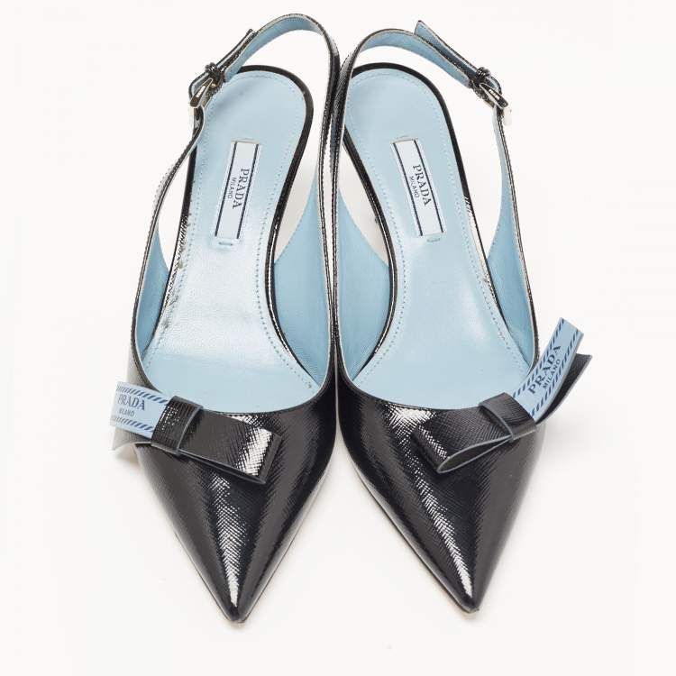Pre Owned Prada Black Patent Leather Bow Slingback Pumps Size 36.5