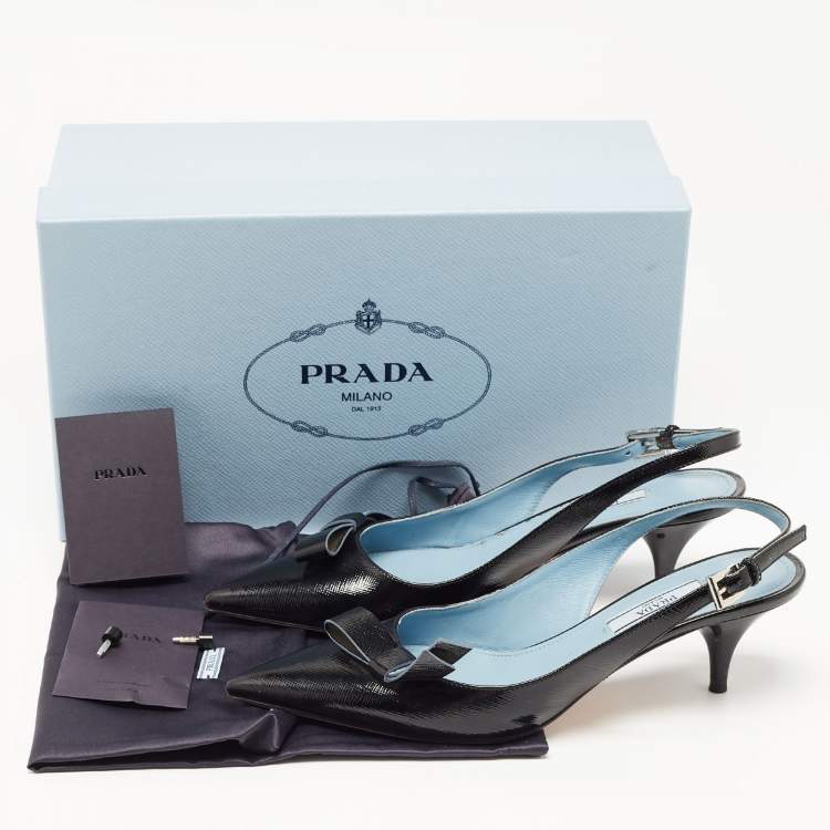 Pre Owned Prada Black Patent Leather Bow Slingback Pumps Size 36.5