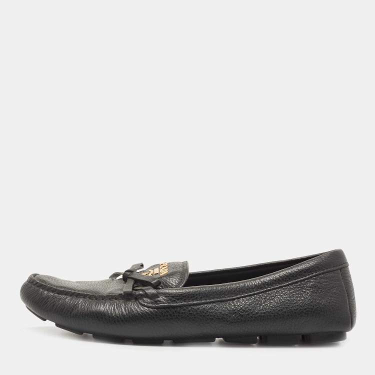 Pre Owned Prada Black Leather Logo Embellished Bow Slip On Loafers Size 38.5