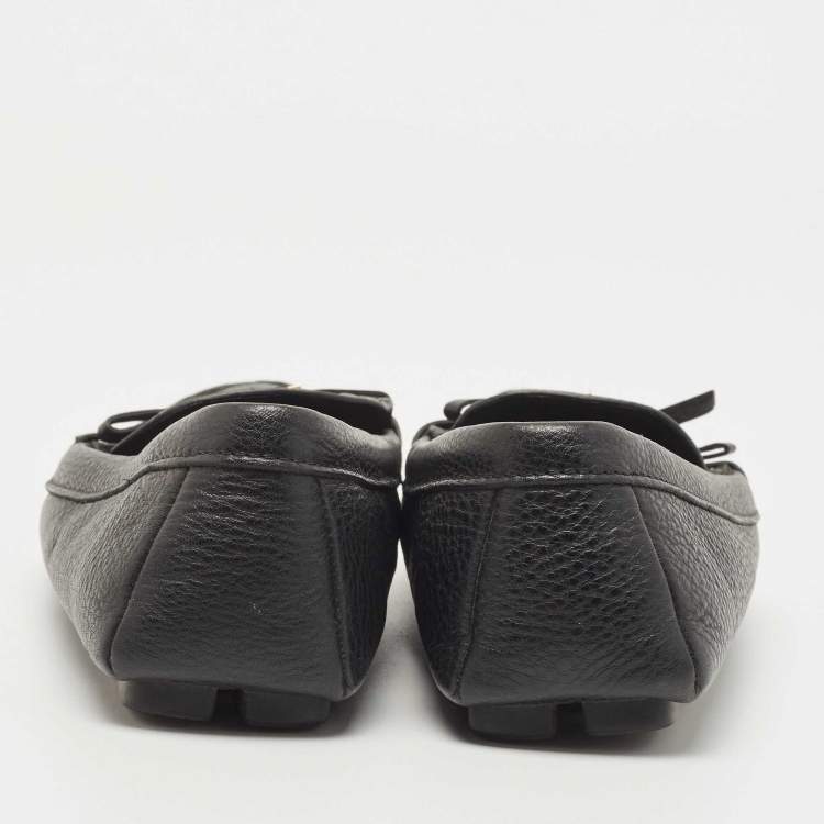 Pre Owned Prada Black Leather Logo Embellished Bow Slip On Loafers Size 38.5