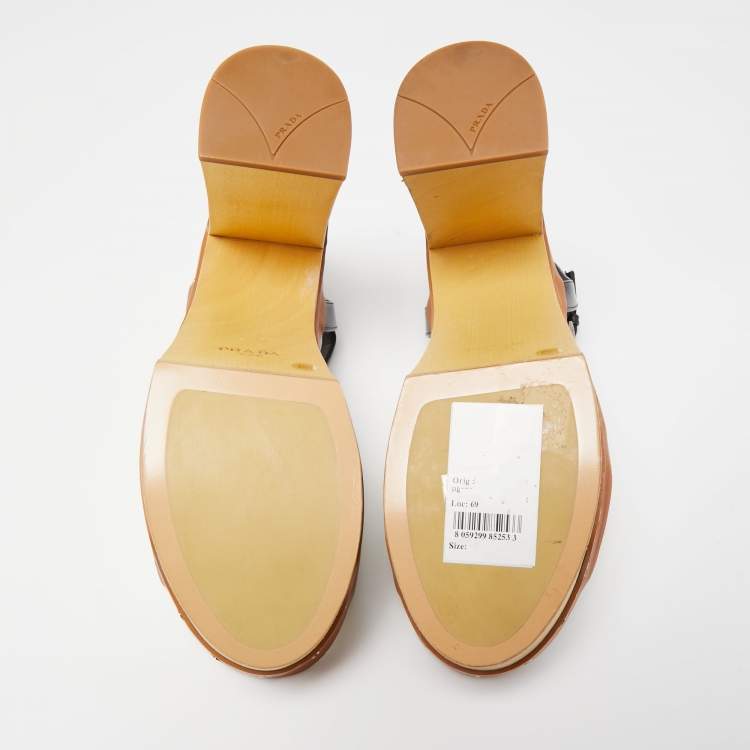 Pre Owned Prada White/Black Leather Studded Platform Block Heel Ankle Strap Sandals Size 40