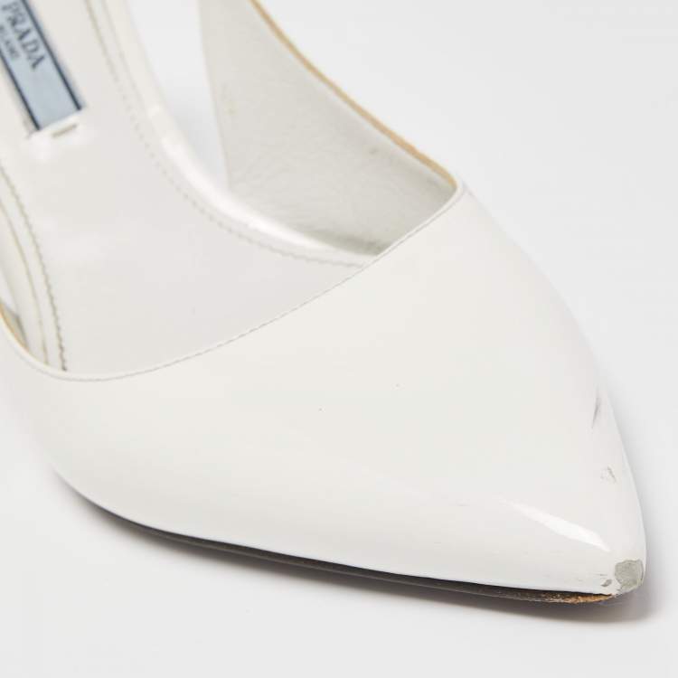 Pre Owned Prada White Patent Leather Slingback Pumps Size 39.5