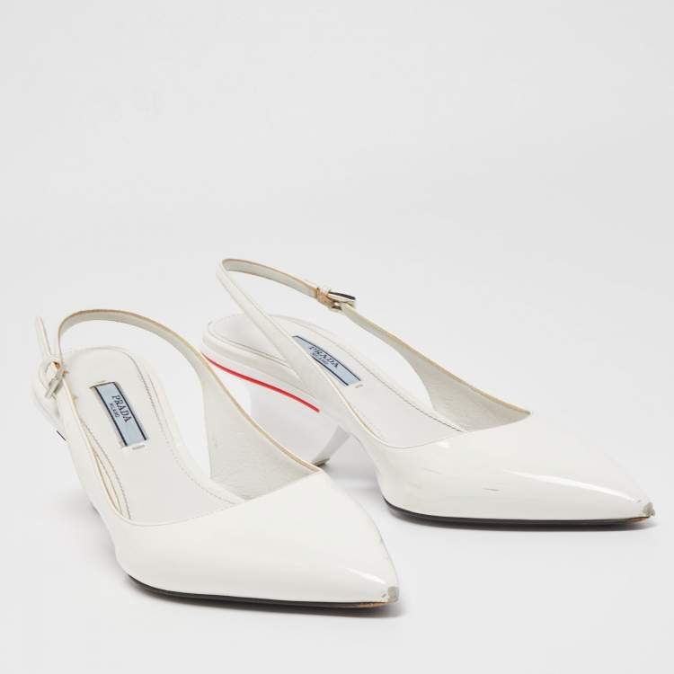 Pre Owned Prada White Patent Leather Slingback Pumps Size 39.5