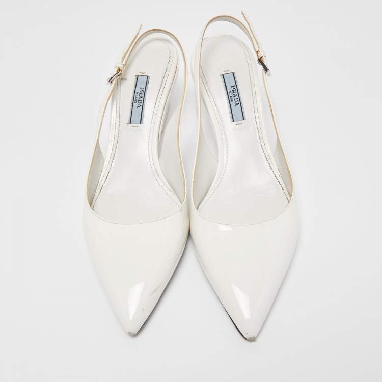 Pre Owned Prada White Patent Leather Slingback Pumps Size 39.5