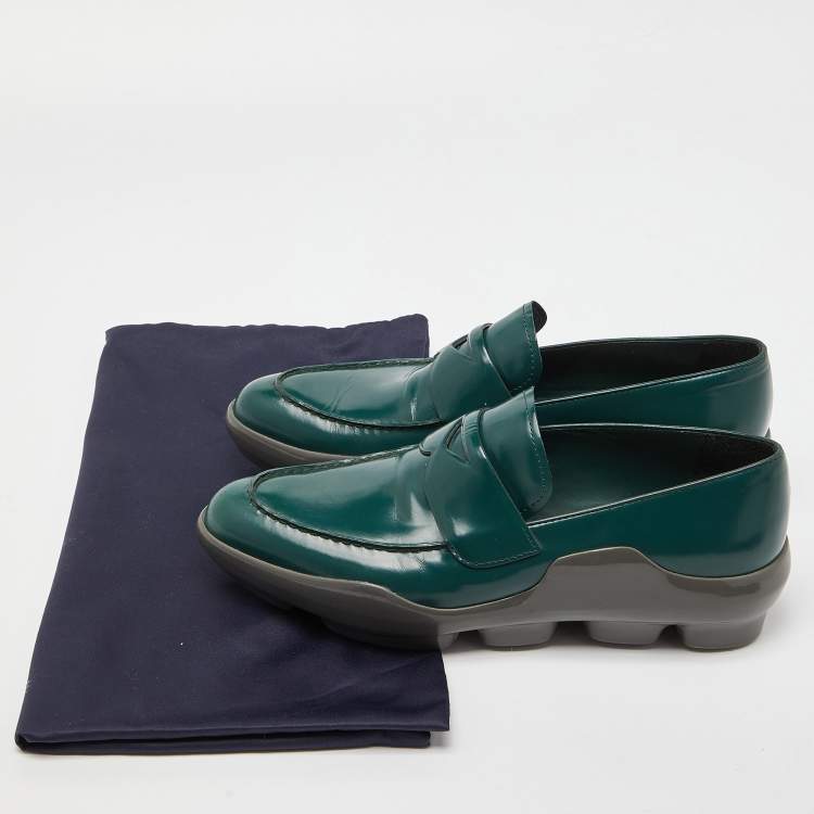 Pre Owned Prada Green/Grey Leather and Rubber Penny Platform Loafers 39.5