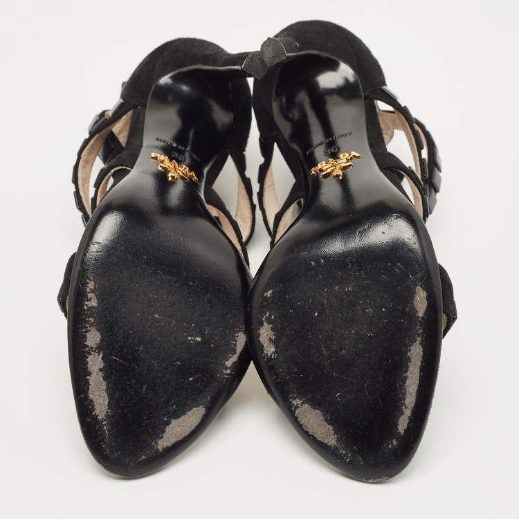 Pre Owned Prada Black Suede Crystal Embellished Ankle Strap Sandals Size 36