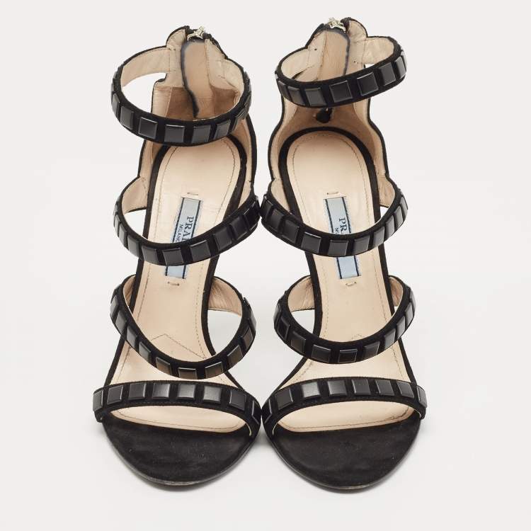 Pre Owned Prada Black Suede Crystal Embellished Ankle Strap Sandals Size 36