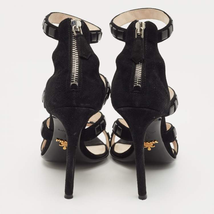Pre Owned Prada Black Suede Crystal Embellished Ankle Strap Sandals Size 36