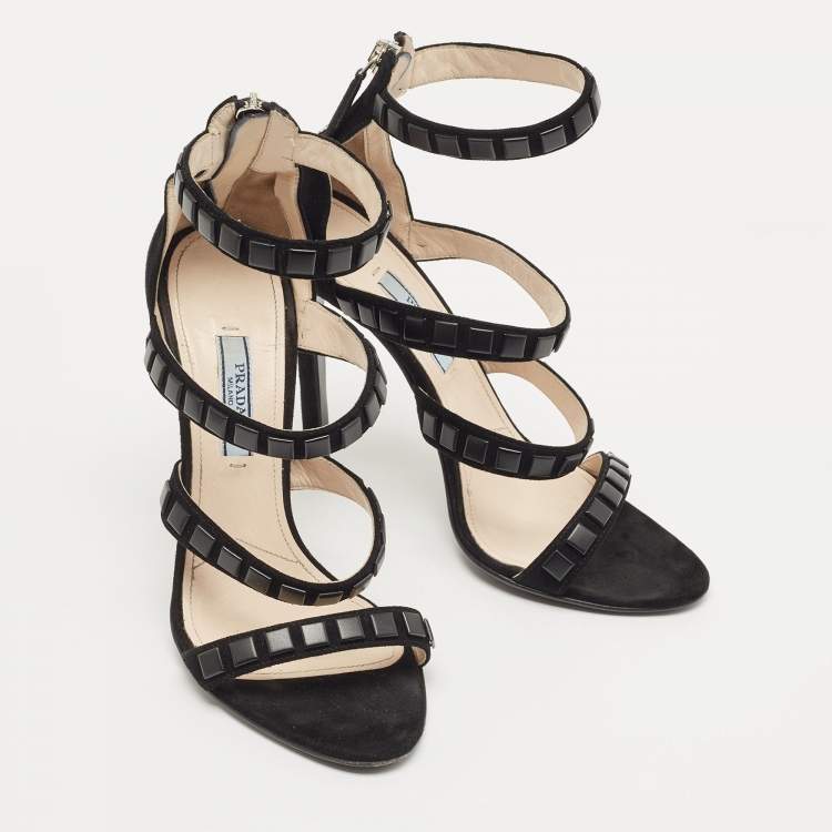Pre Owned Prada Black Suede Crystal Embellished Ankle Strap Sandals Size 36