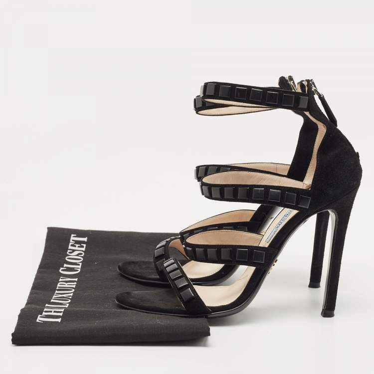 Pre Owned Prada Black Suede Crystal Embellished Ankle Strap Sandals Size 36