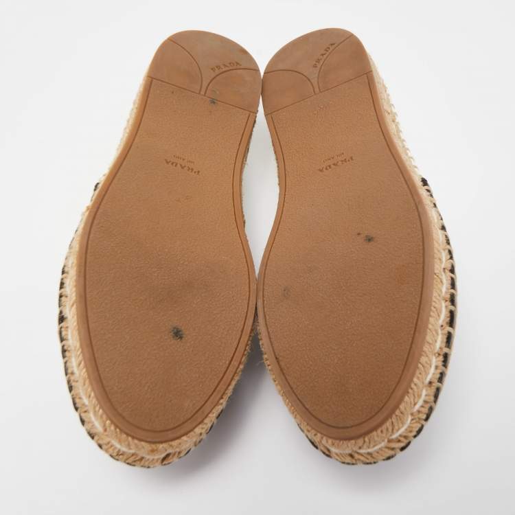 Pre Owned Prada Black/White Leather Logo Espadrille Flats Size 35.5 