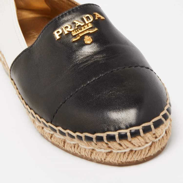 Pre Owned Prada Black/White Leather Logo Espadrille Flats Size 35.5 