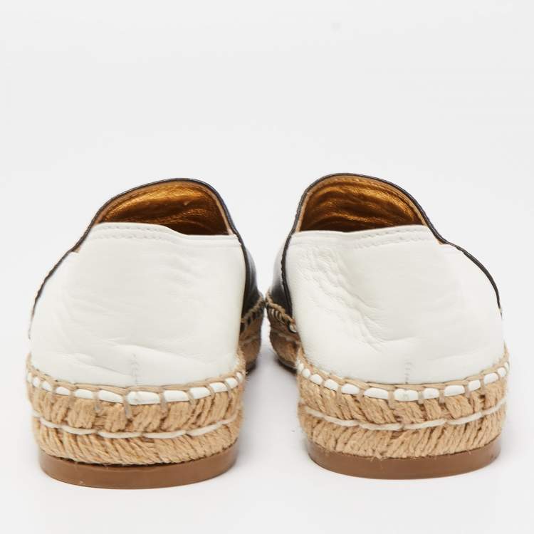 Pre Owned Prada Black/White Leather Logo Espadrille Flats Size 35.5 