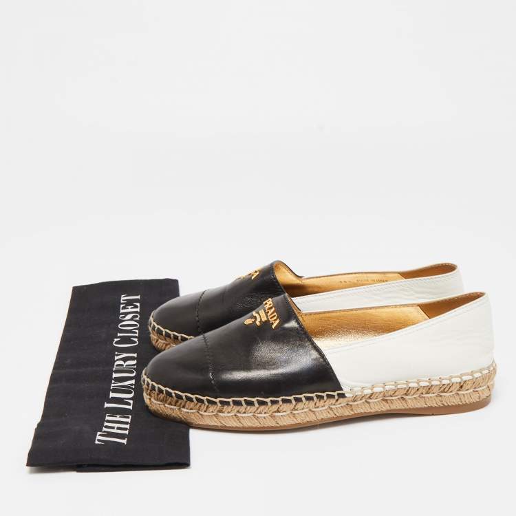 Pre Owned Prada Black/White Leather Logo Espadrille Flats Size 35.5 