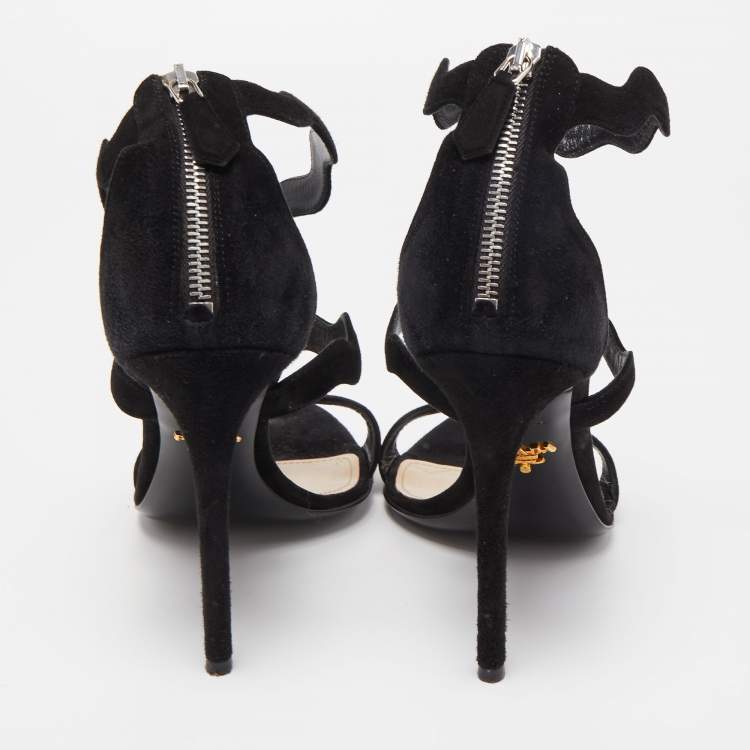 Pre Owned Prada Black Suede Strappy Ankle Wrap Sandals Size 41