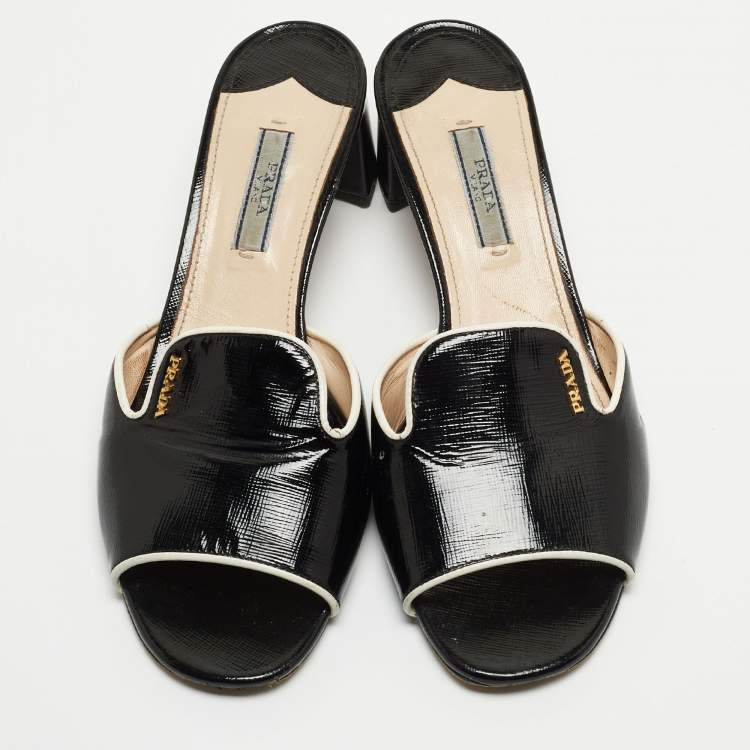 Pre Owned Prada Black Saffiano Vernice Leather Slide Sandals Size 39