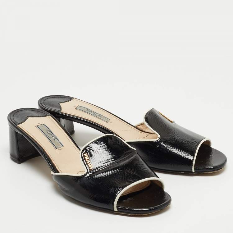 Pre Owned Prada Black Saffiano Vernice Leather Slide Sandals Size 39
