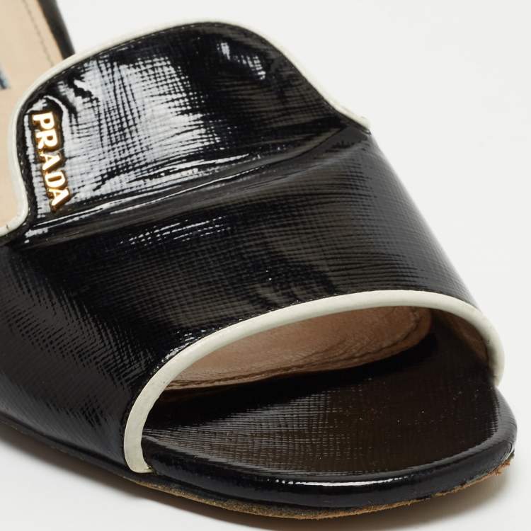 Pre Owned Prada Black Saffiano Vernice Leather Slide Sandals Size 39