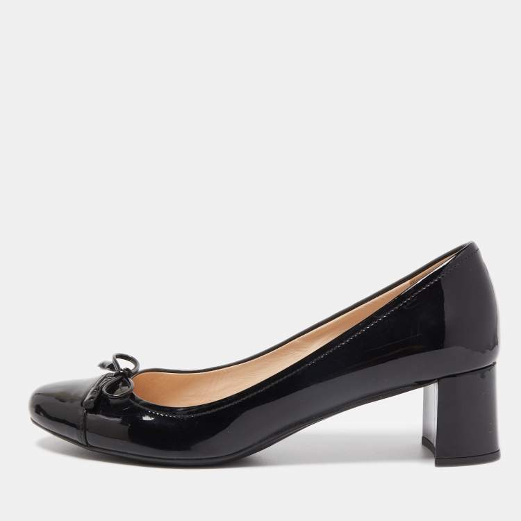 Pre Owned Prada Black Patent Leather Bow Block Heel Pumps Size 37.5
