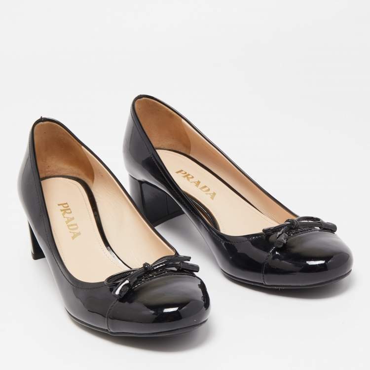 Pre Owned Prada Black Patent Leather Bow Block Heel Pumps Size 37.5