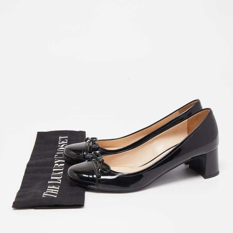Pre Owned Prada Black Patent Leather Bow Block Heel Pumps Size 37.5