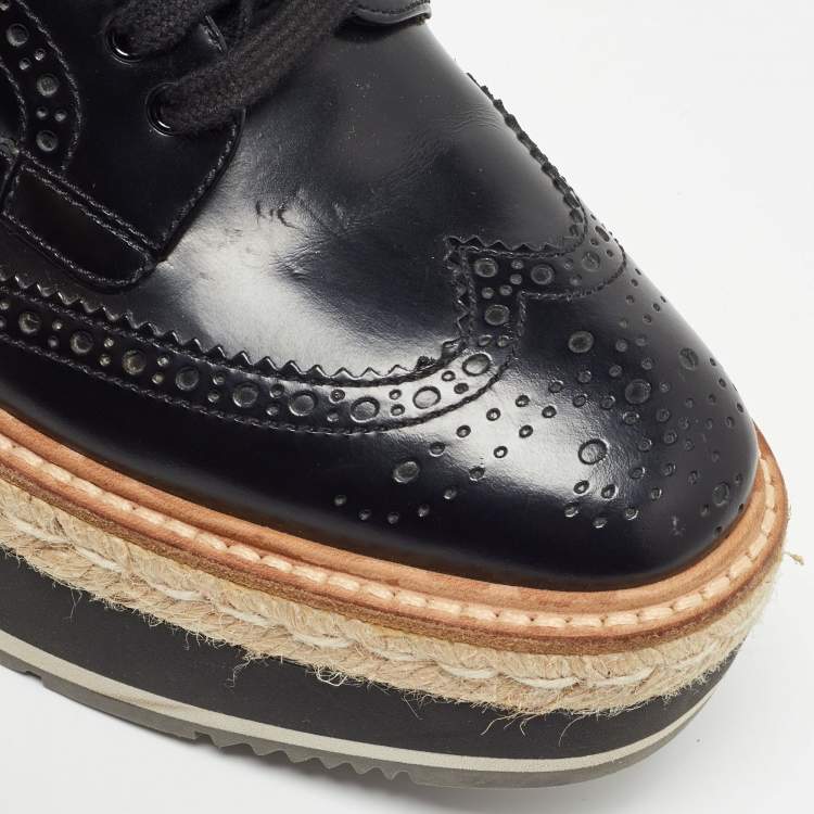 Pre Owned Prada Black Brogue Leather Lace Up Platform Slingback Derby Size 38.5
