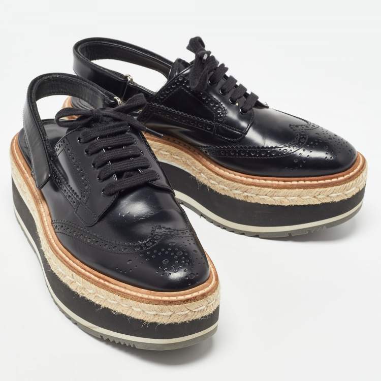 Pre Owned Prada Black Brogue Leather Lace Up Platform Slingback Derby Size 38.5
