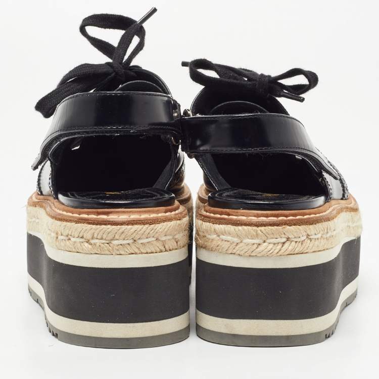 Pre Owned Prada Black Brogue Leather Lace Up Platform Slingback Derby Size 38.5