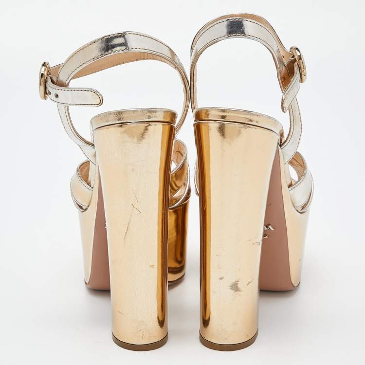Pre Owned Prada Gold Patent Leather Platform Ankle Strap Sandals Size 36