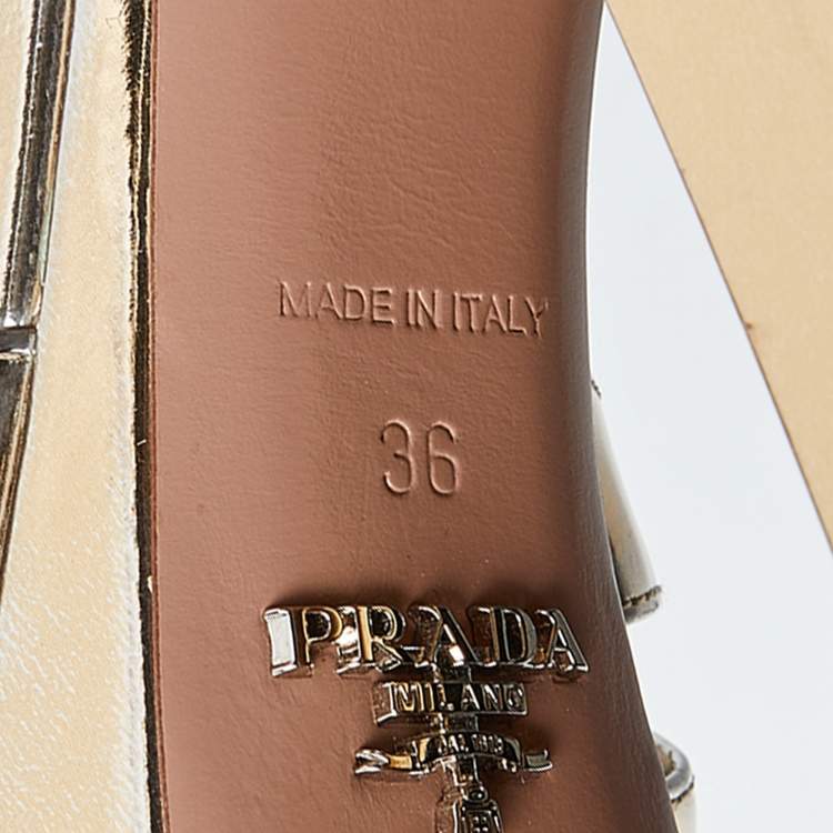 Pre Owned Prada Gold Patent Leather Platform Ankle Strap Sandals Size 36