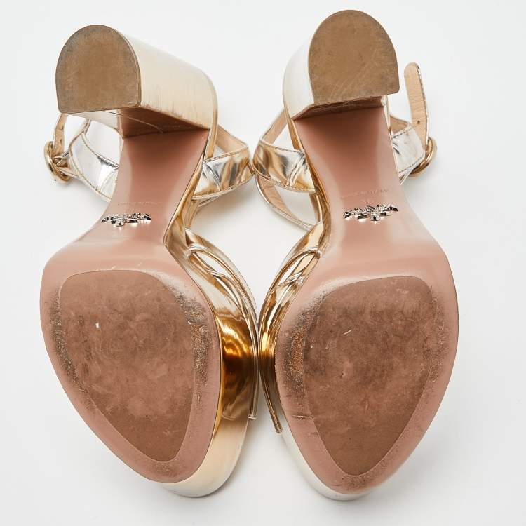 Pre Owned Prada Gold Patent Leather Platform Ankle Strap Sandals Size 36
