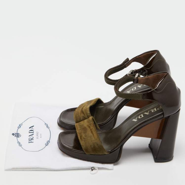 Pre Owned Prada Olive Green/Brown Calf Hair and Patent Leather Platform Ankle Strap Sandals Size 36.5