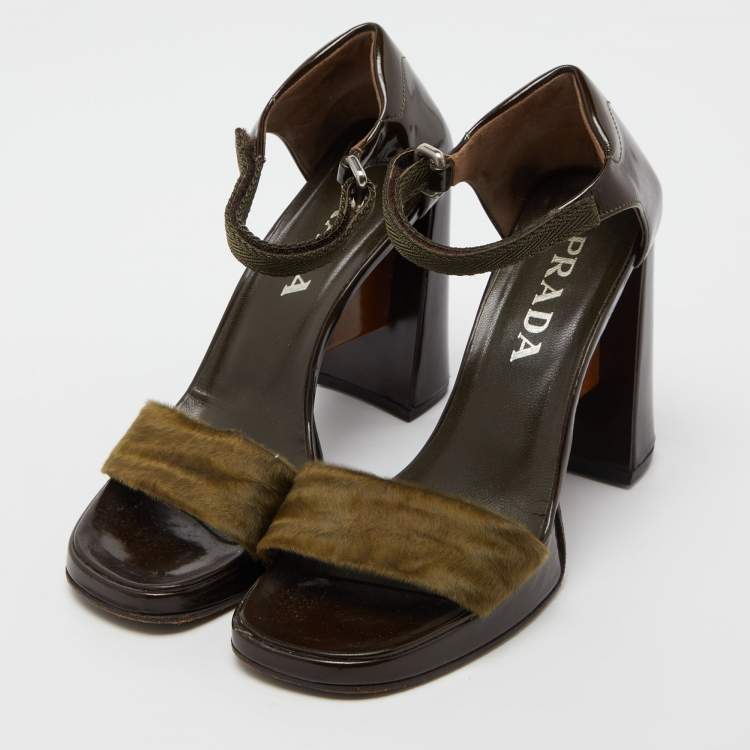 Pre Owned Prada Olive Green/Brown Calf Hair and Patent Leather Platform Ankle Strap Sandals Size 36.5