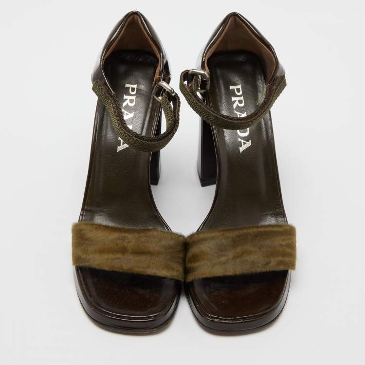 Pre Owned Prada Olive Green/Brown Calf Hair and Patent Leather Platform Ankle Strap Sandals Size 36.5