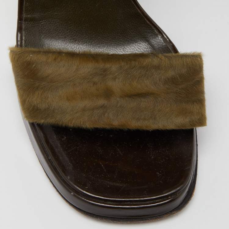 Pre Owned Prada Olive Green/Brown Calf Hair and Patent Leather Platform Ankle Strap Sandals Size 36.5