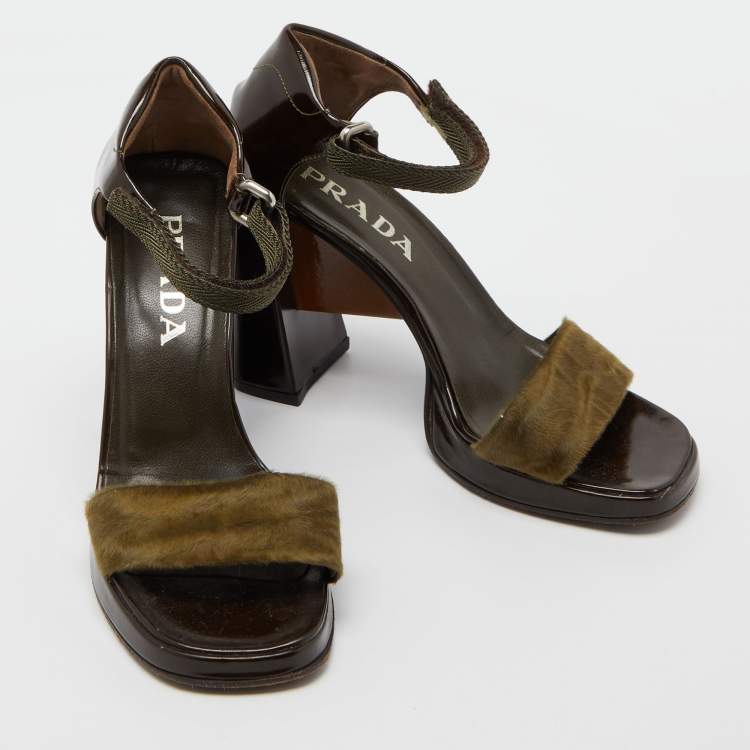 Pre Owned Prada Olive Green/Brown Calf Hair and Patent Leather Platform Ankle Strap Sandals Size 36.5