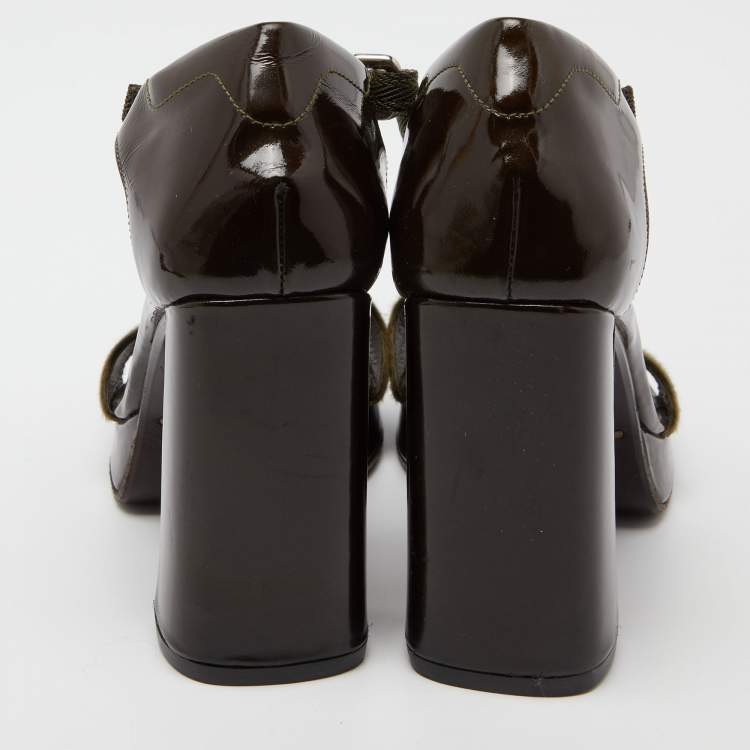 Pre Owned Prada Olive Green/Brown Calf Hair and Patent Leather Platform Ankle Strap Sandals Size 36.5