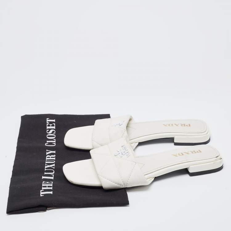 Pre Owned Prada White Quilted Leather Logo Slides Size 40