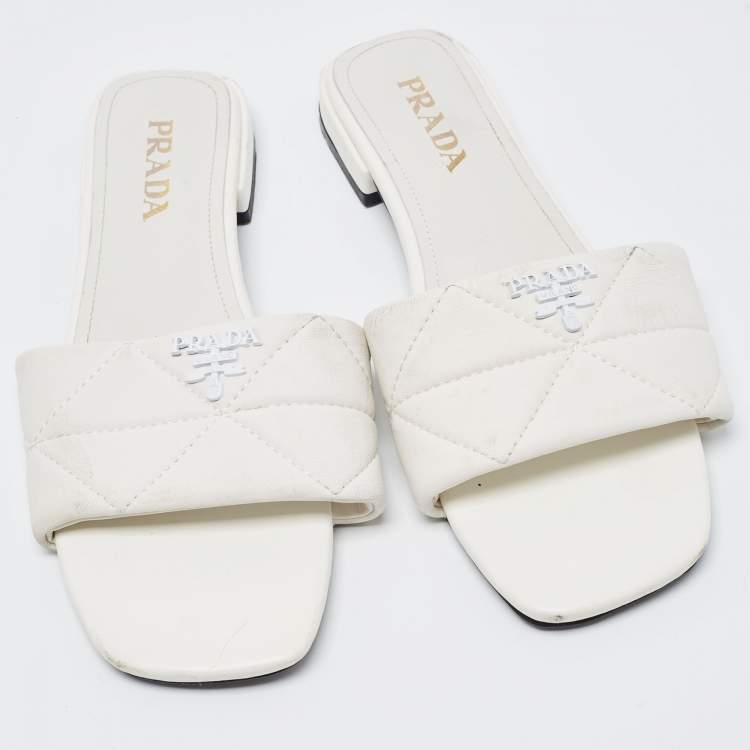 Pre Owned Prada White Quilted Leather Logo Slides Size 40