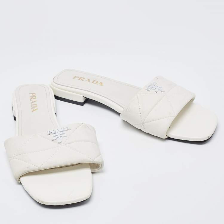 Pre Owned Prada White Quilted Leather Logo Slides Size 40