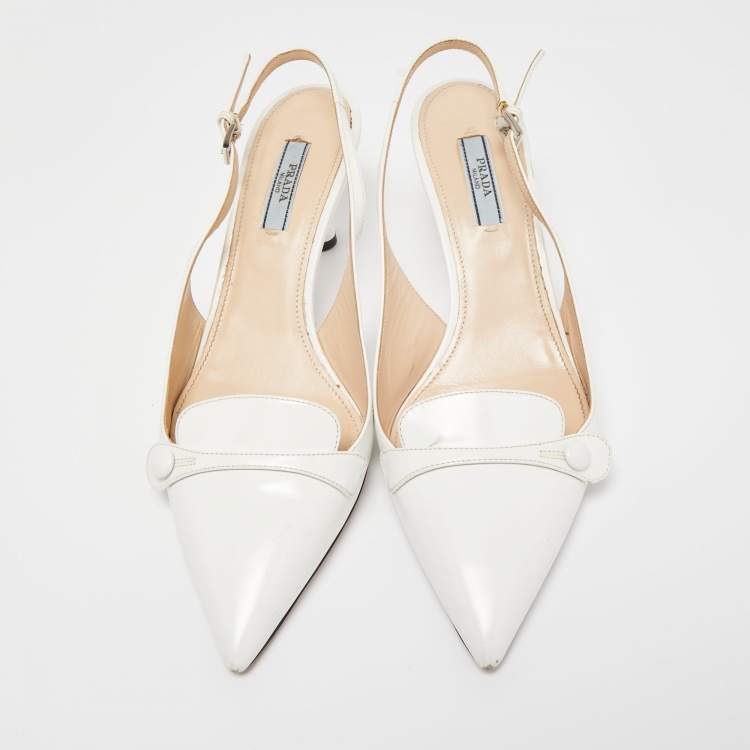 Pre Owned Prada White Leather Pointed Toe Slingback Pumps Size 38