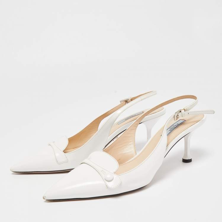 Pre Owned Prada White Leather Pointed Toe Slingback Pumps Size 38