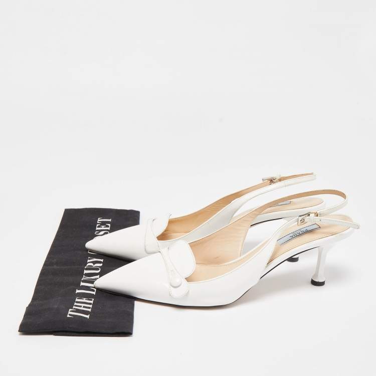 Pre Owned Prada White Leather Pointed Toe Slingback Pumps Size 38