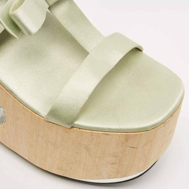 Pre Owned Prada Silver/Mint Green Leather and Satin Bow Platform Sandals Size 40