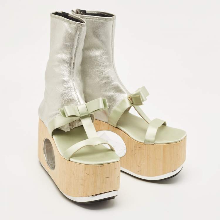 Pre Owned Prada Silver/Mint Green Leather and Satin Bow Platform Sandals Size 40