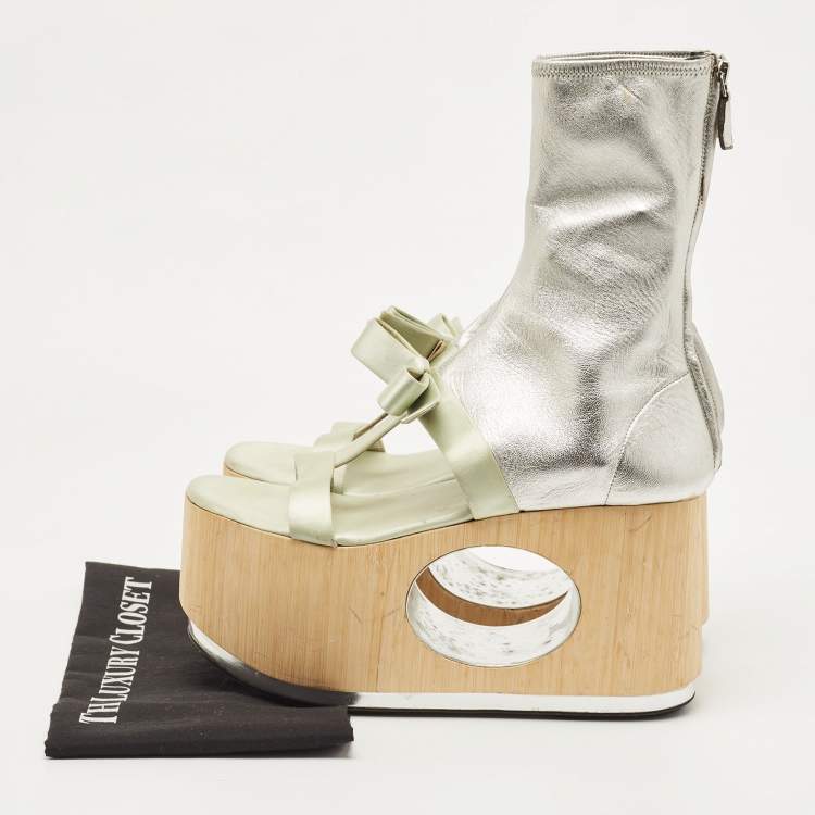 Pre Owned Prada Silver/Mint Green Leather and Satin Bow Platform Sandals Size 40