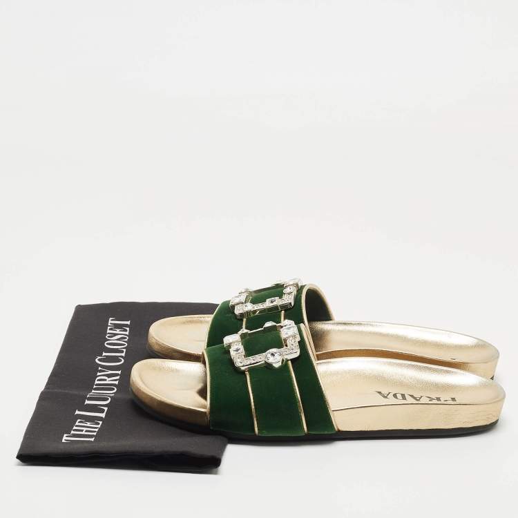 Pre Owned Prada Green/Gold Velvet And Leather Buckle Detail Slides Sizes 39.5